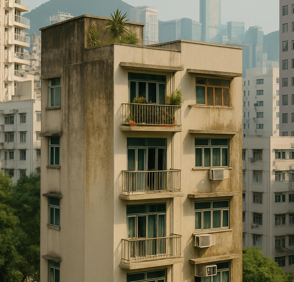 Grimy residential facade before cleaning—built for Hong Kong’s humid climate.